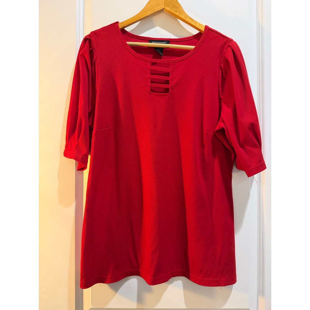 Ashley Stewart Red Ribbed Knit Top Ladder Cutout Puff Sleeve Blouse Plus 14/16